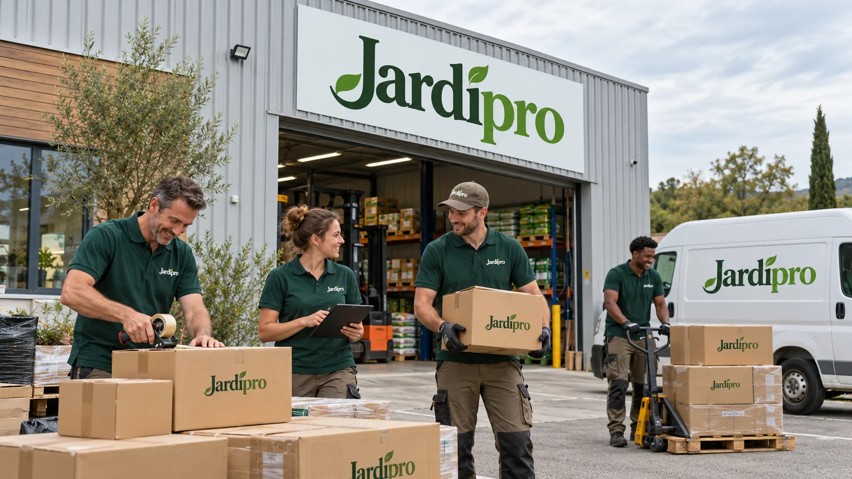 L’équipe Jardipro dans l’entrepôt